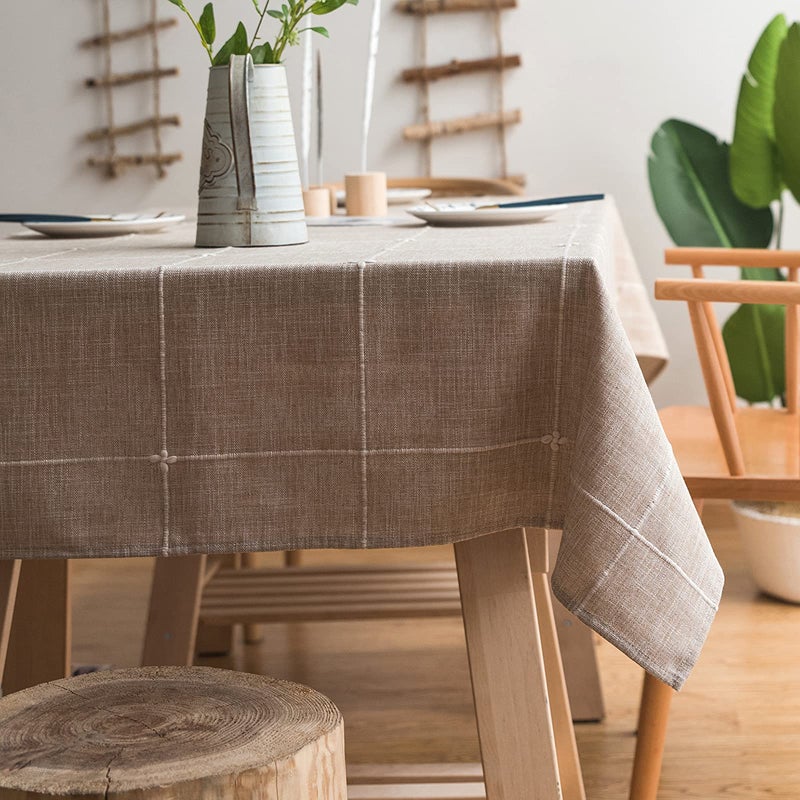 ColorBird Solid Embroidery Lattice Tablecloth Cotton Linen Dust-Proof Checkered Table Cover for Kitchen Dinning Tabletop Decoration (Rectangle/Oblong, 52 x 86 Inch, Linen) - Image 1
